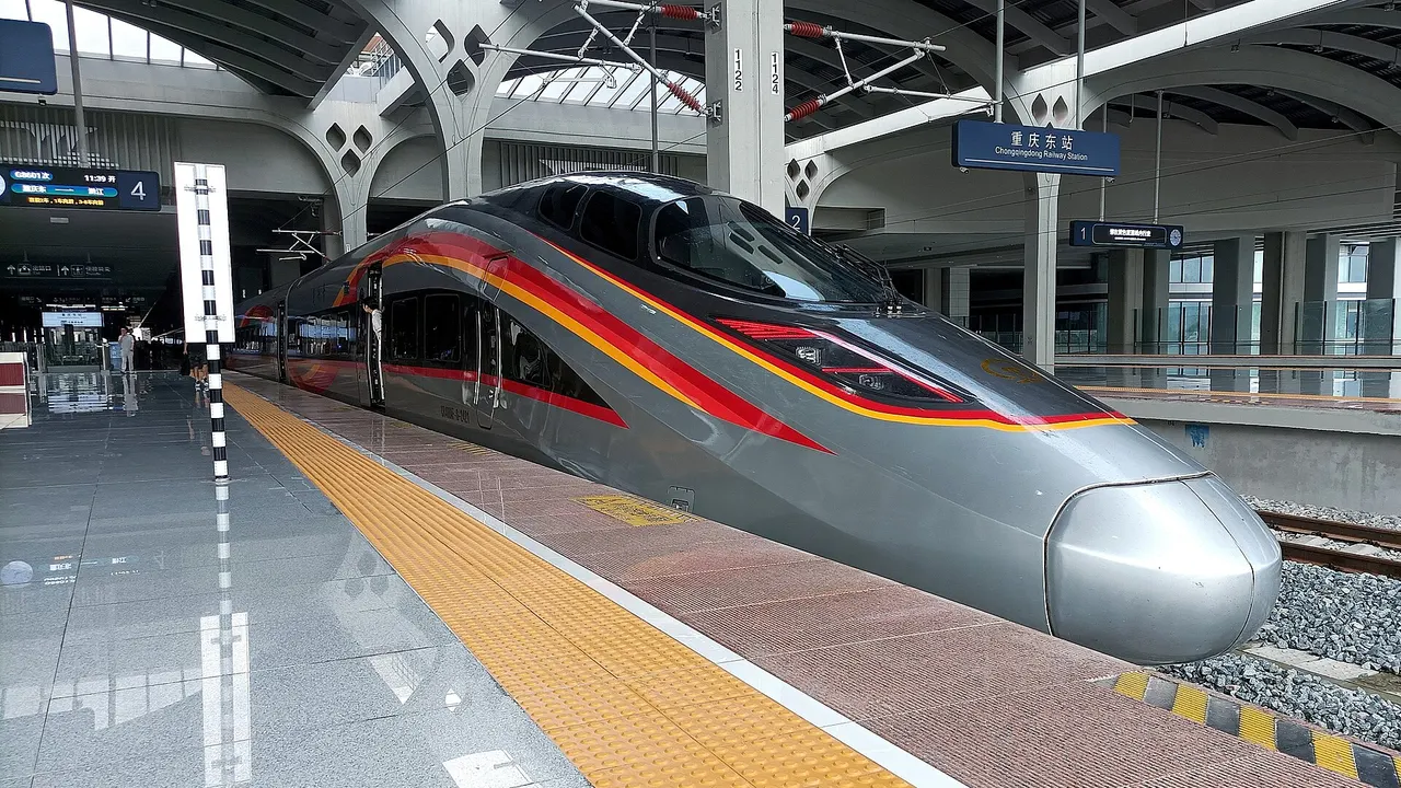 A silver and red Fuxing train beside a Chongqing East station sign.