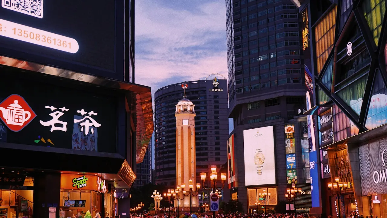 Jiefangbei’s illuminated monument, shops and crowds at night in Chongqing