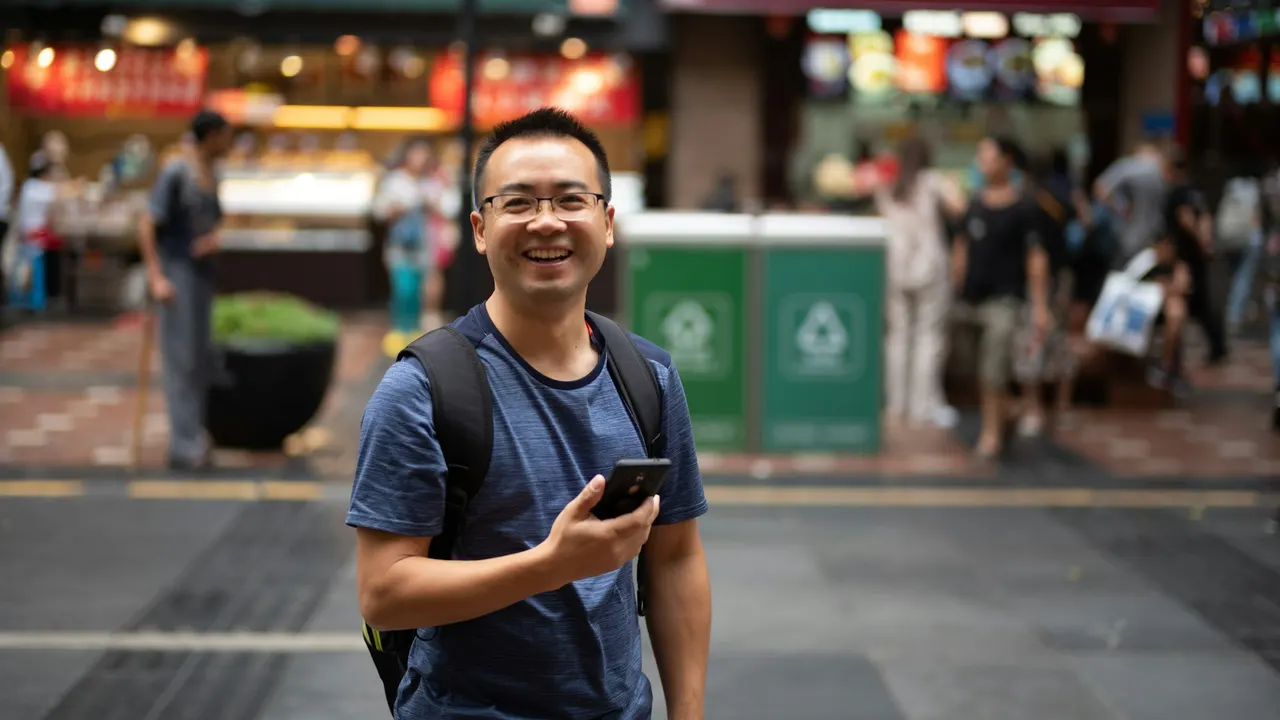A man holding a smartphone and wearing a backpack beside a street in Chongqing