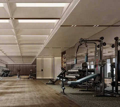 Official rendering of Conrad Chongqing’s gym with dumbbells, cable equipment and cardio machines