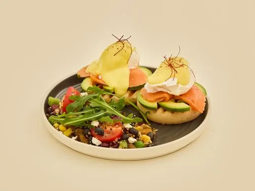 Eggs Benedict with salad at mates’ Star68 branch.