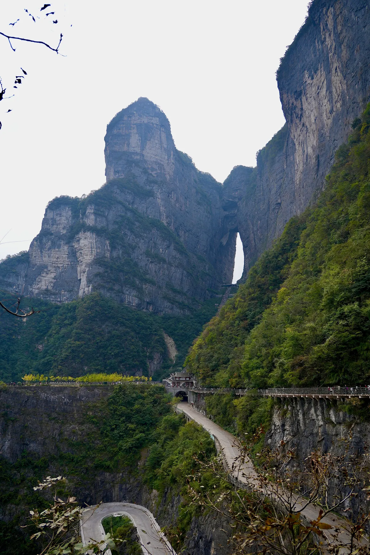 Heaven’s Gate arch and the cliffside road on Tianmen Mountain