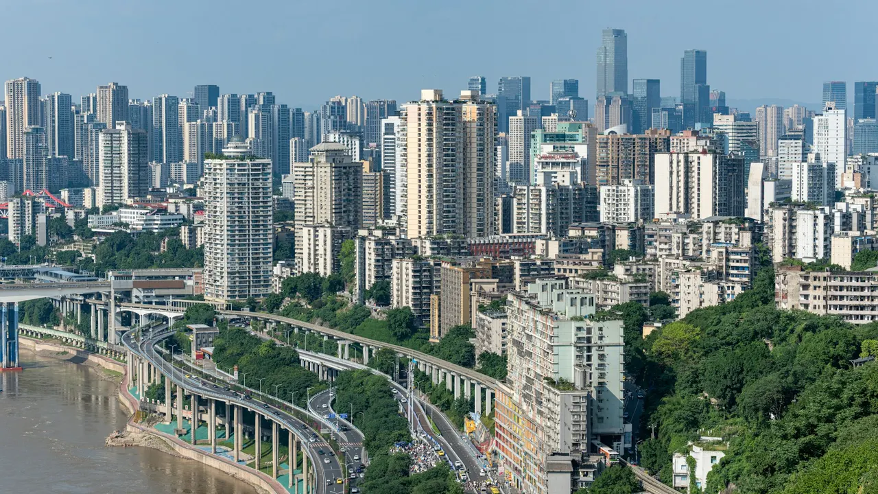 Chongqing riverfront buildings and elevated roads viewed from Eling