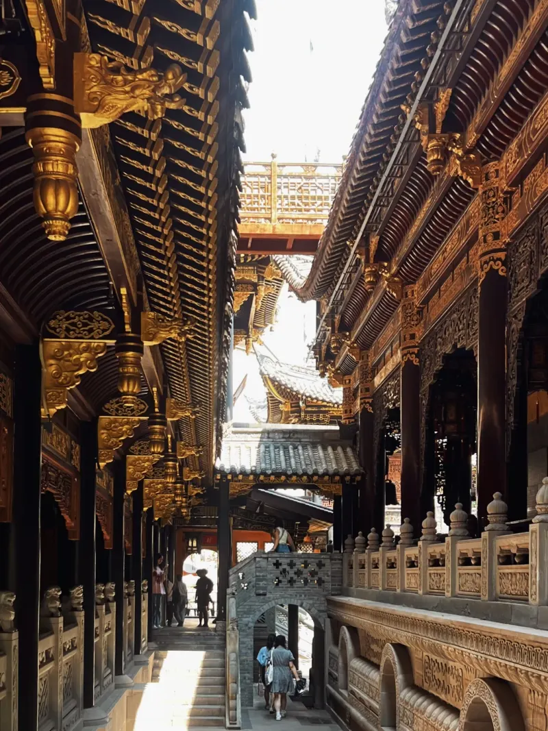 Sunlight on carved black and gold eaves above a stepped passage in Luohan Temple
