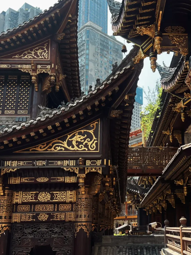 Curved roofs and a wooden bridge link Luohan Temple buildings, with a high-rise behind