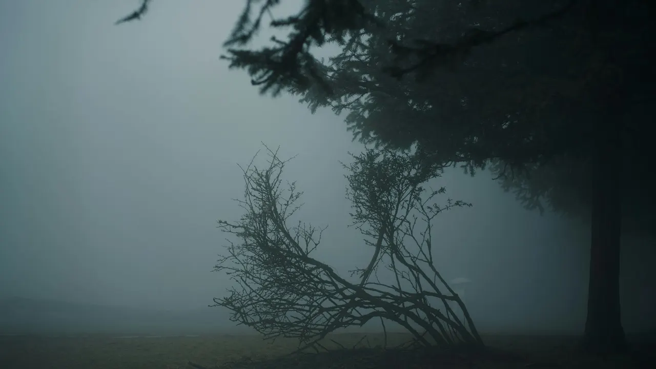 A bent tree in misty woodland at Fairy Mountain