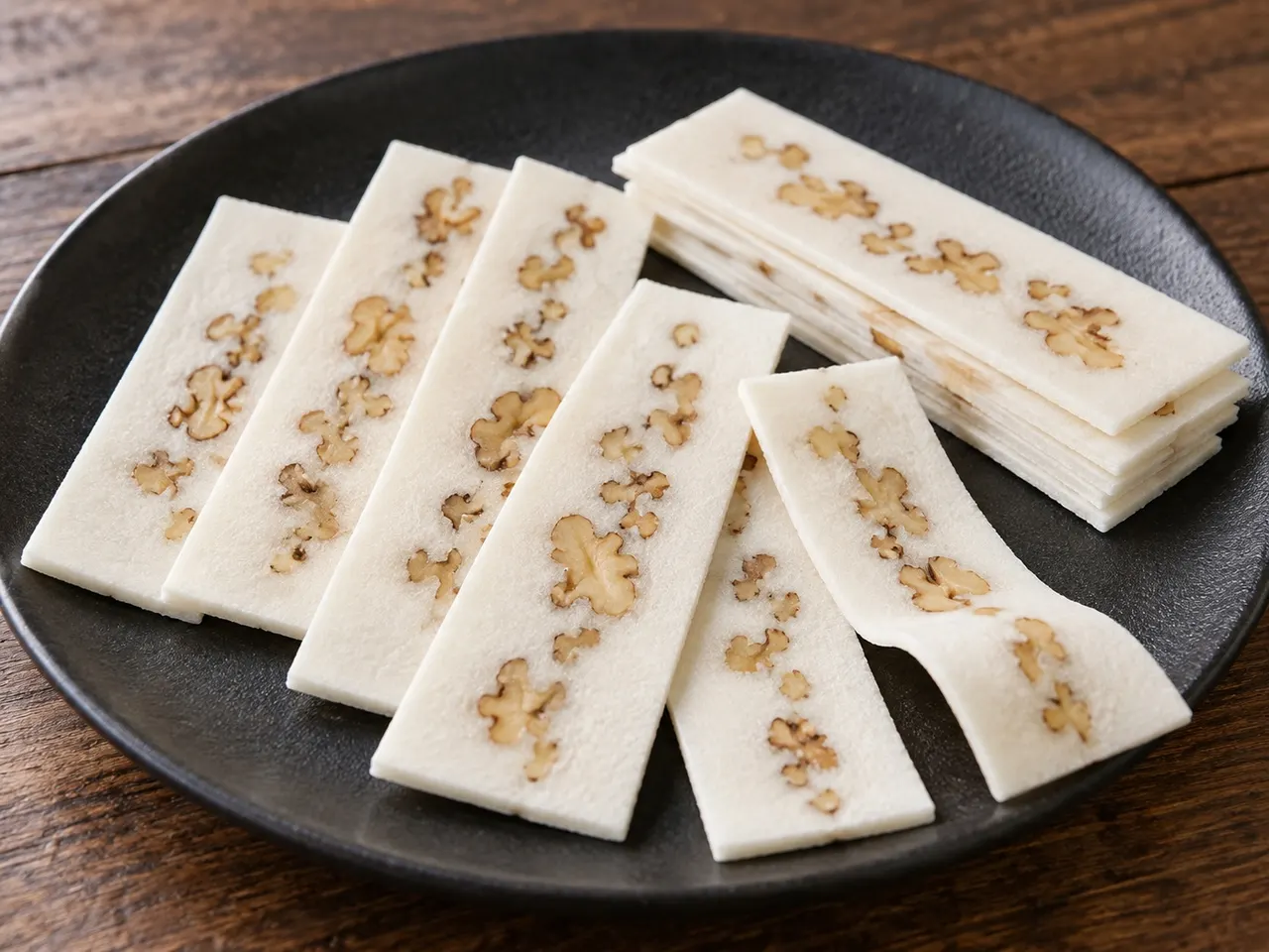 Long white Hechuan rice-cake slices with walnut pieces along the center, fanned and stacked on a dark plate.