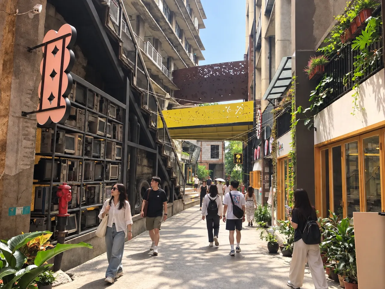 鵝嶺二廠 T2 招牌旁的巷道，上方有兩道連橋
